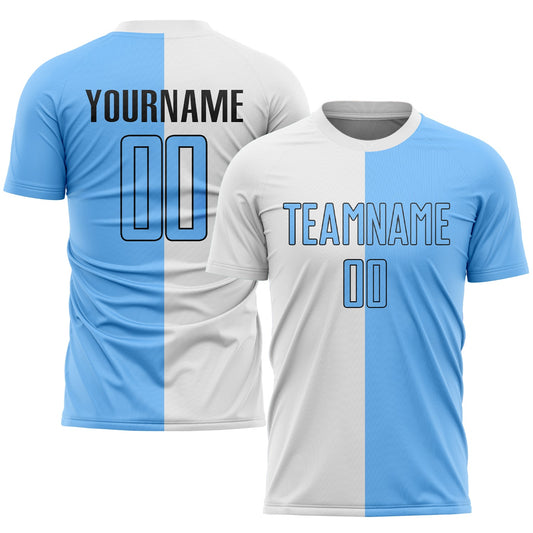 Custom White Light Blue-Black Sublimation Split Fashion Soccer Uniform Jersey - Main View