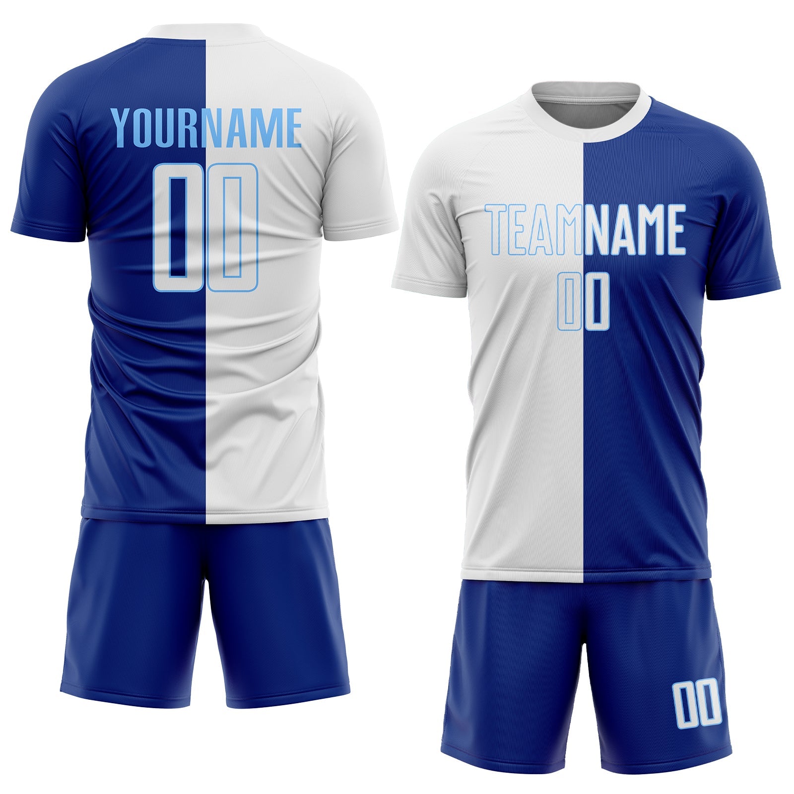 Custom Royal White-Light Blue Sublimation Split Fashion Soccer Uniform Jersey view 2