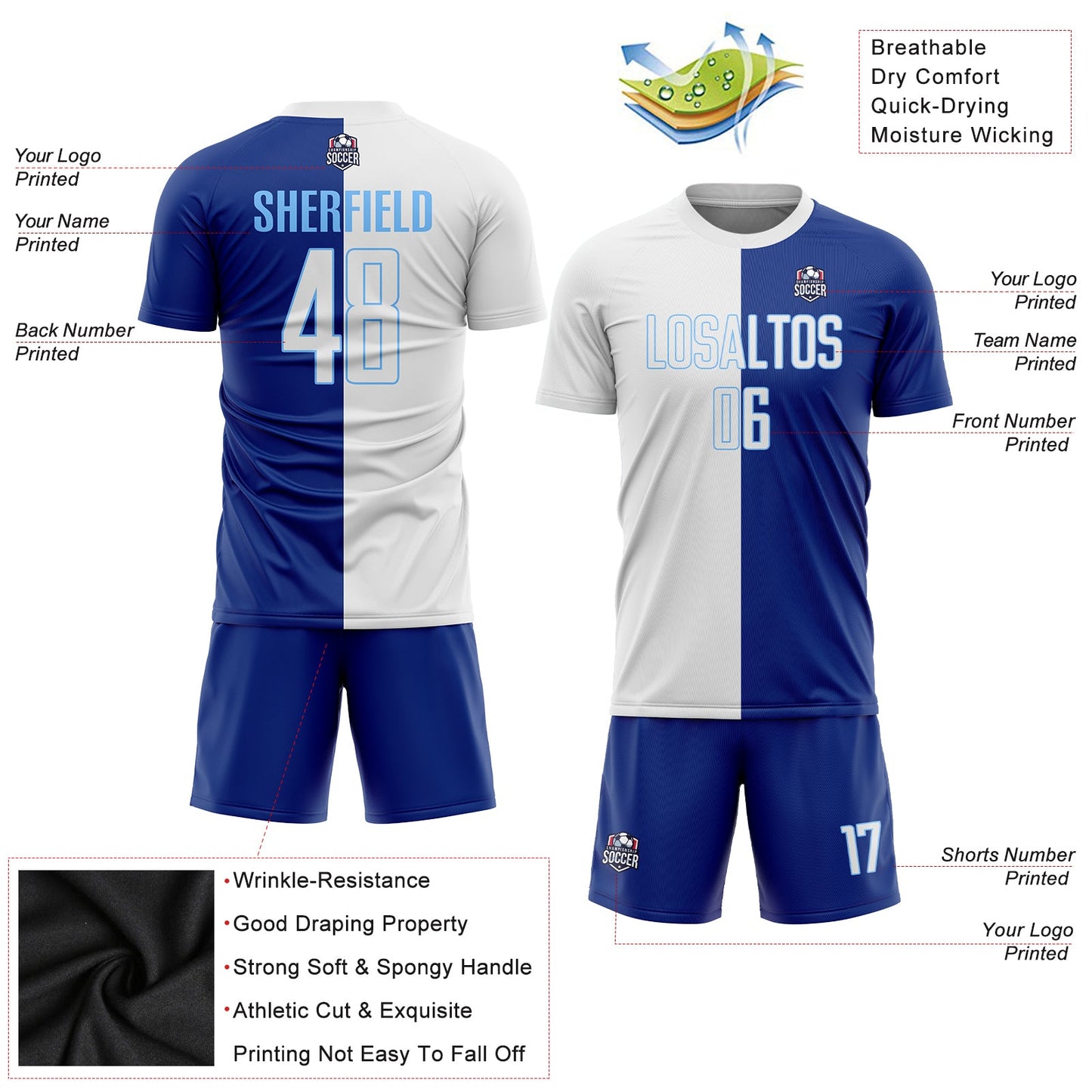 Custom Royal White-Light Blue Sublimation Split Fashion Soccer Uniform Jersey view 3