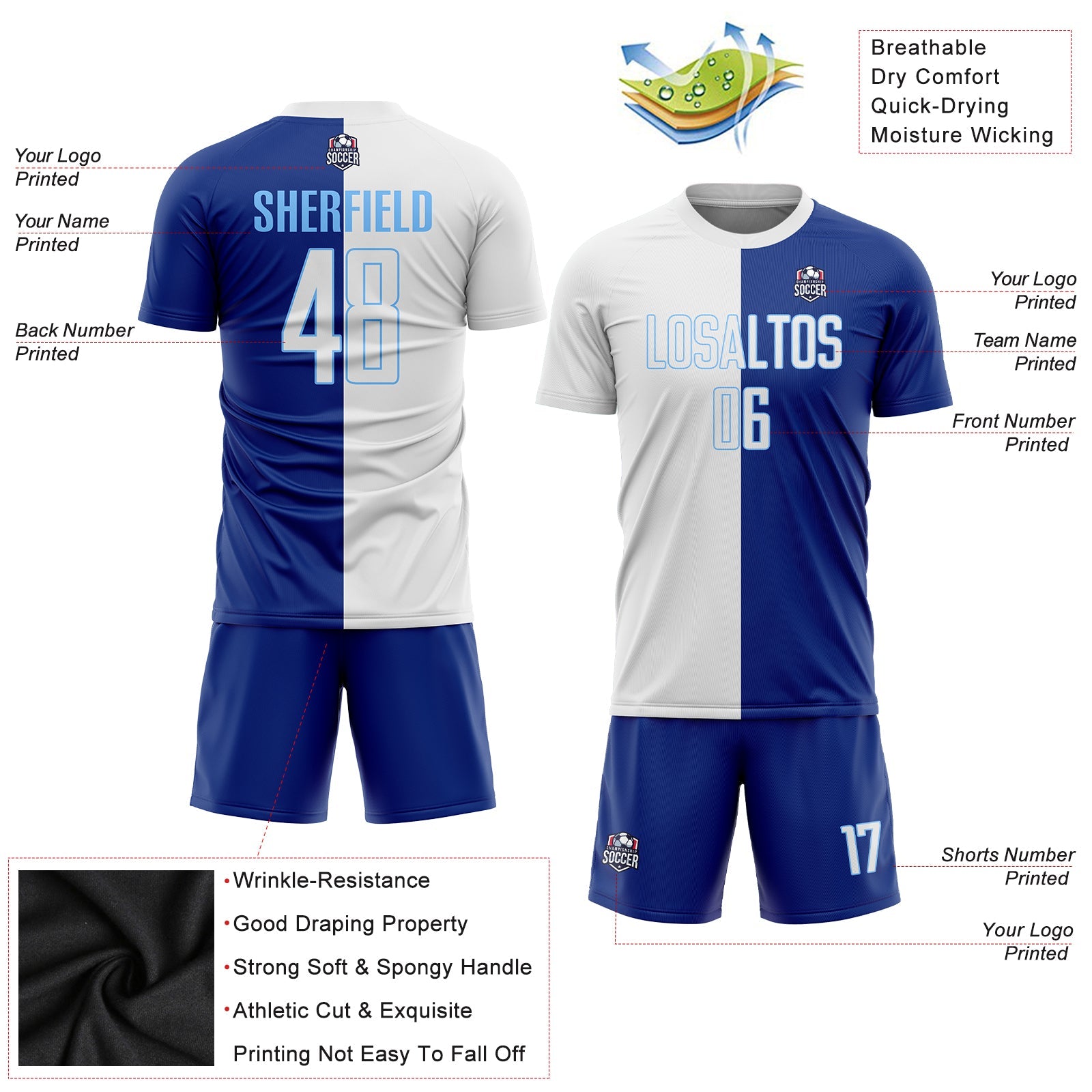 Custom Royal White-Light Blue Sublimation Split Fashion Soccer Uniform Jersey view 3