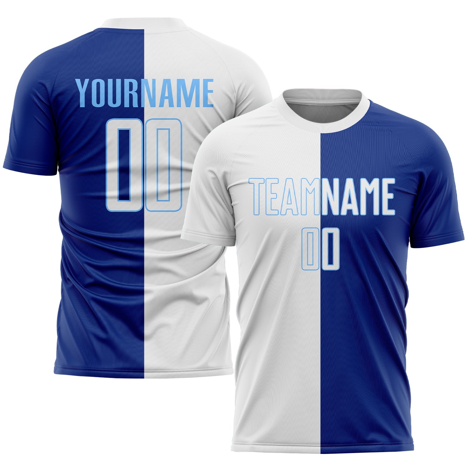 Custom Royal White-Light Blue Sublimation Split Fashion Soccer Uniform Jersey - Main View