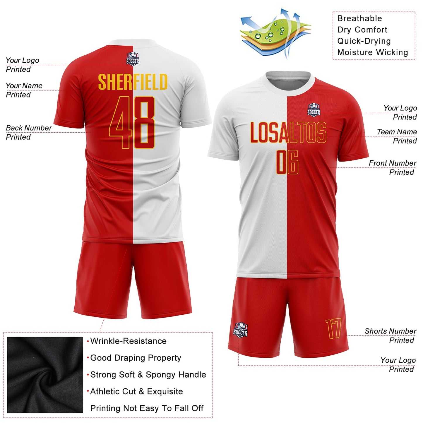 Custom White Red-Gold Sublimation Split Fashion Soccer Uniform Jersey view 3