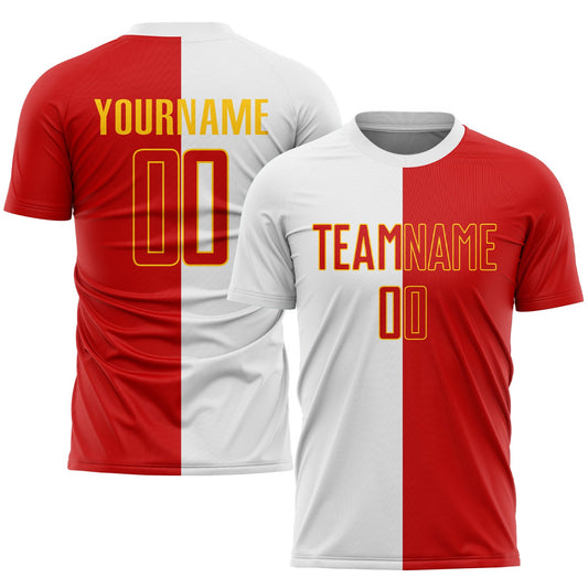 Custom White Red-Gold Sublimation Split Fashion Soccer Uniform Jersey - Main View