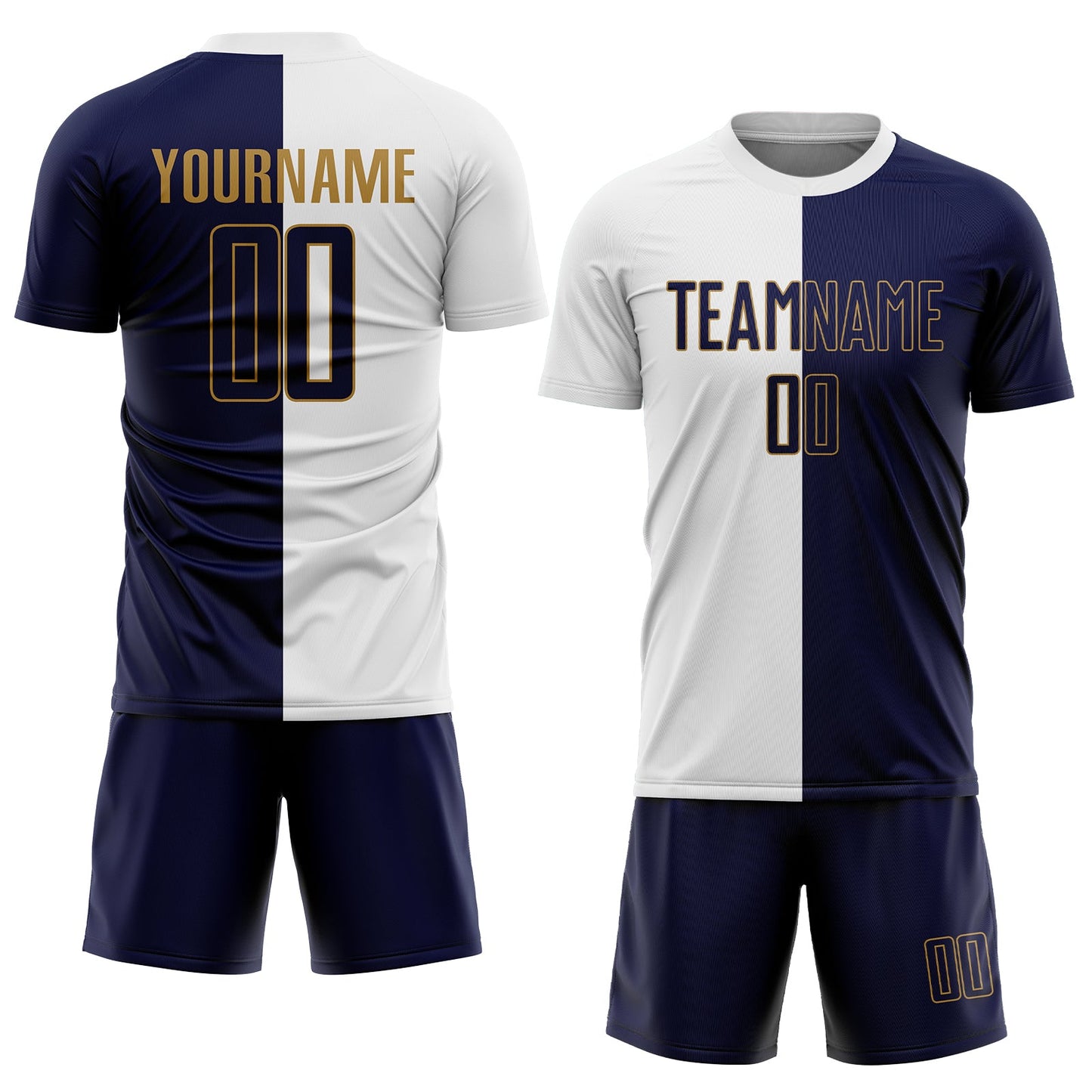 Custom White Navy-Old Gold Sublimation Split Fashion Soccer Uniform Jersey view 2