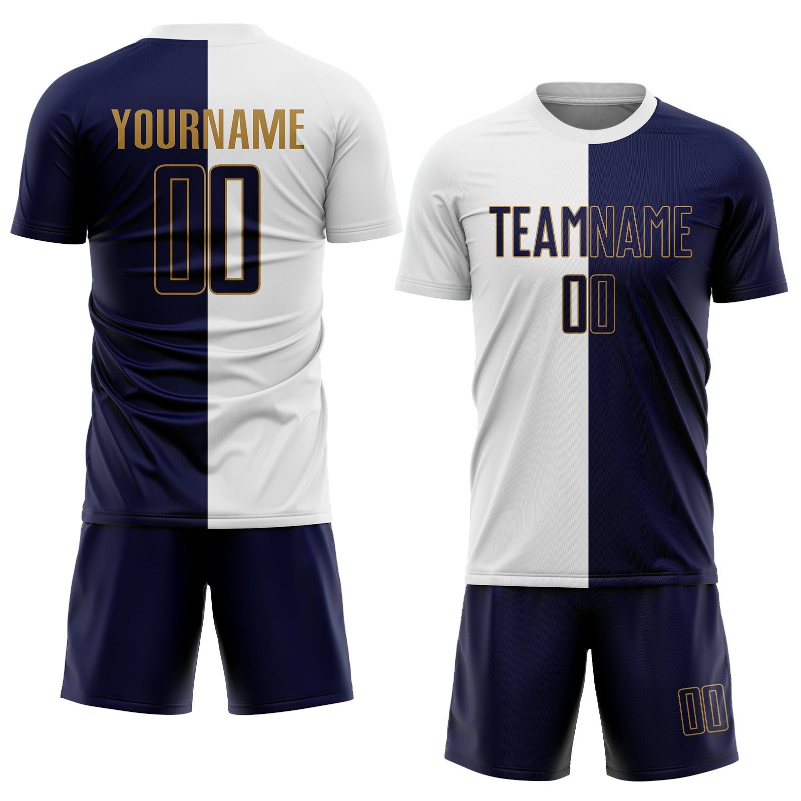 Custom White Navy-Old Gold Sublimation Split Fashion Soccer Uniform Jersey view 2