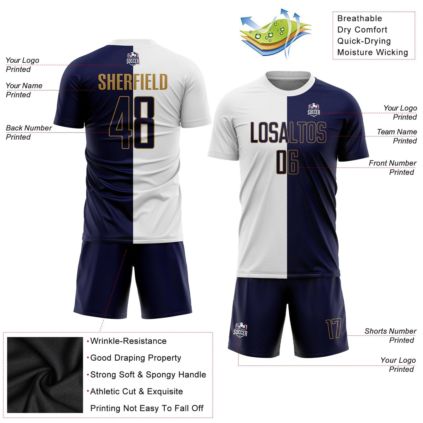Custom White Navy-Old Gold Sublimation Split Fashion Soccer Uniform Jersey view 3