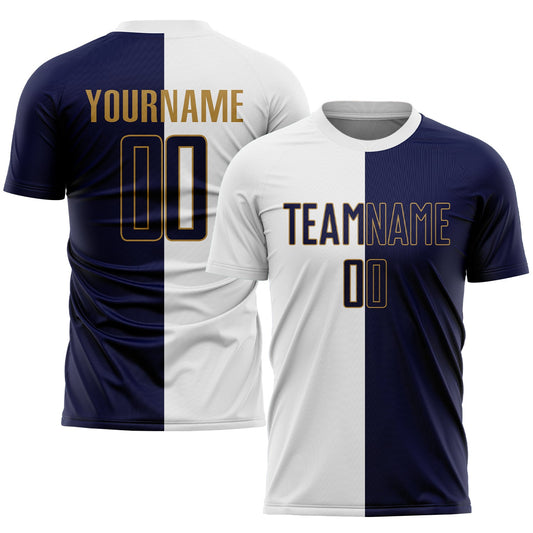 Custom White Navy-Old Gold Sublimation Split Fashion Soccer Uniform Jersey - Main View