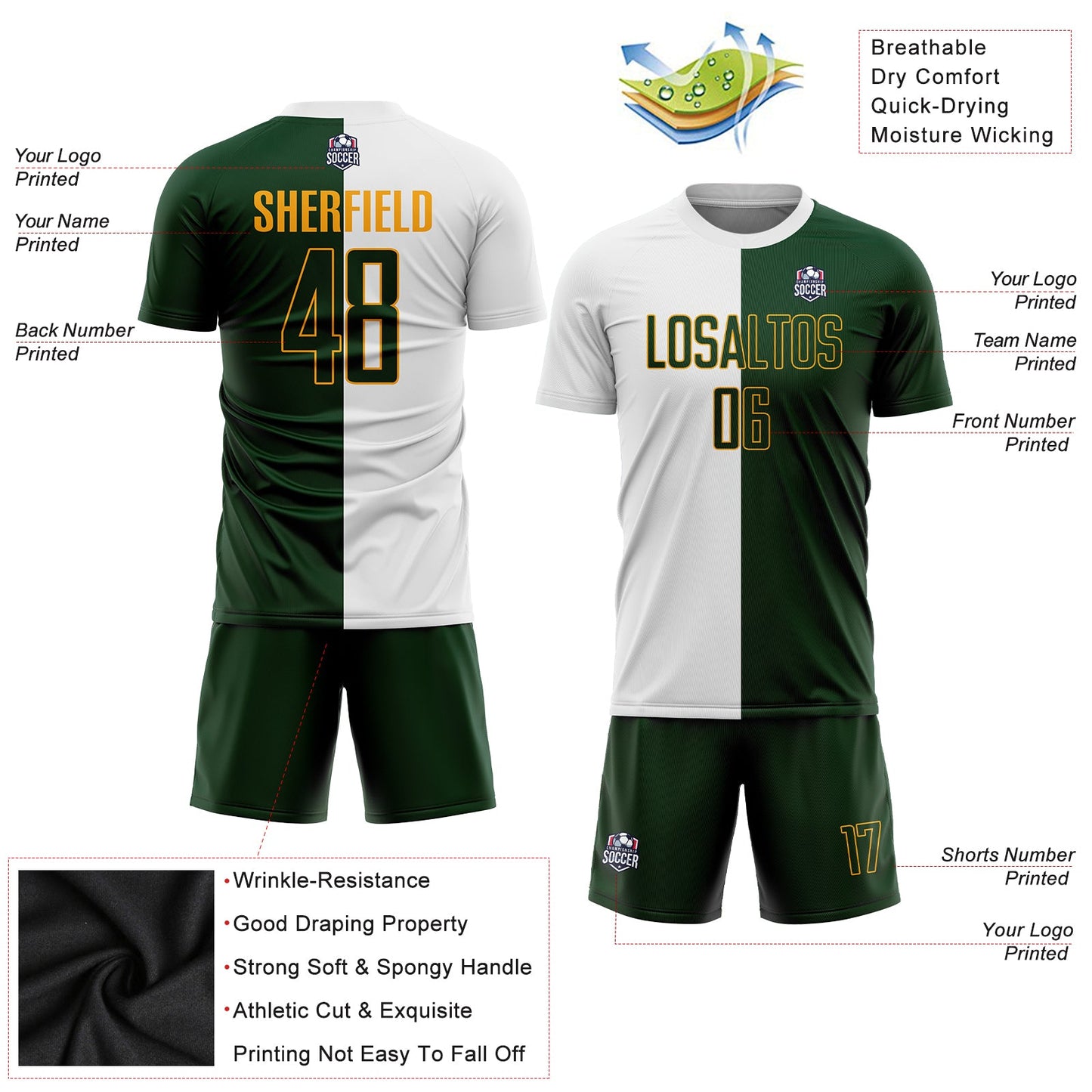 Custom White Green-Gold Sublimation Split Fashion Soccer Uniform Jersey view 3