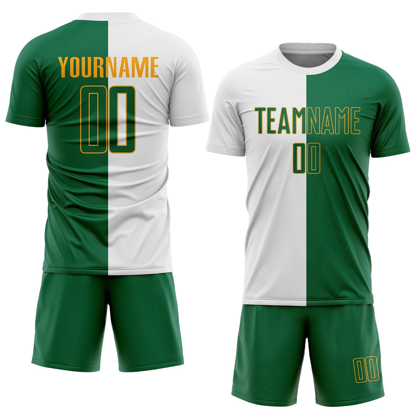 Custom White Kelly Green-Gold Sublimation Split Fashion Soccer Uniform Jersey view 2