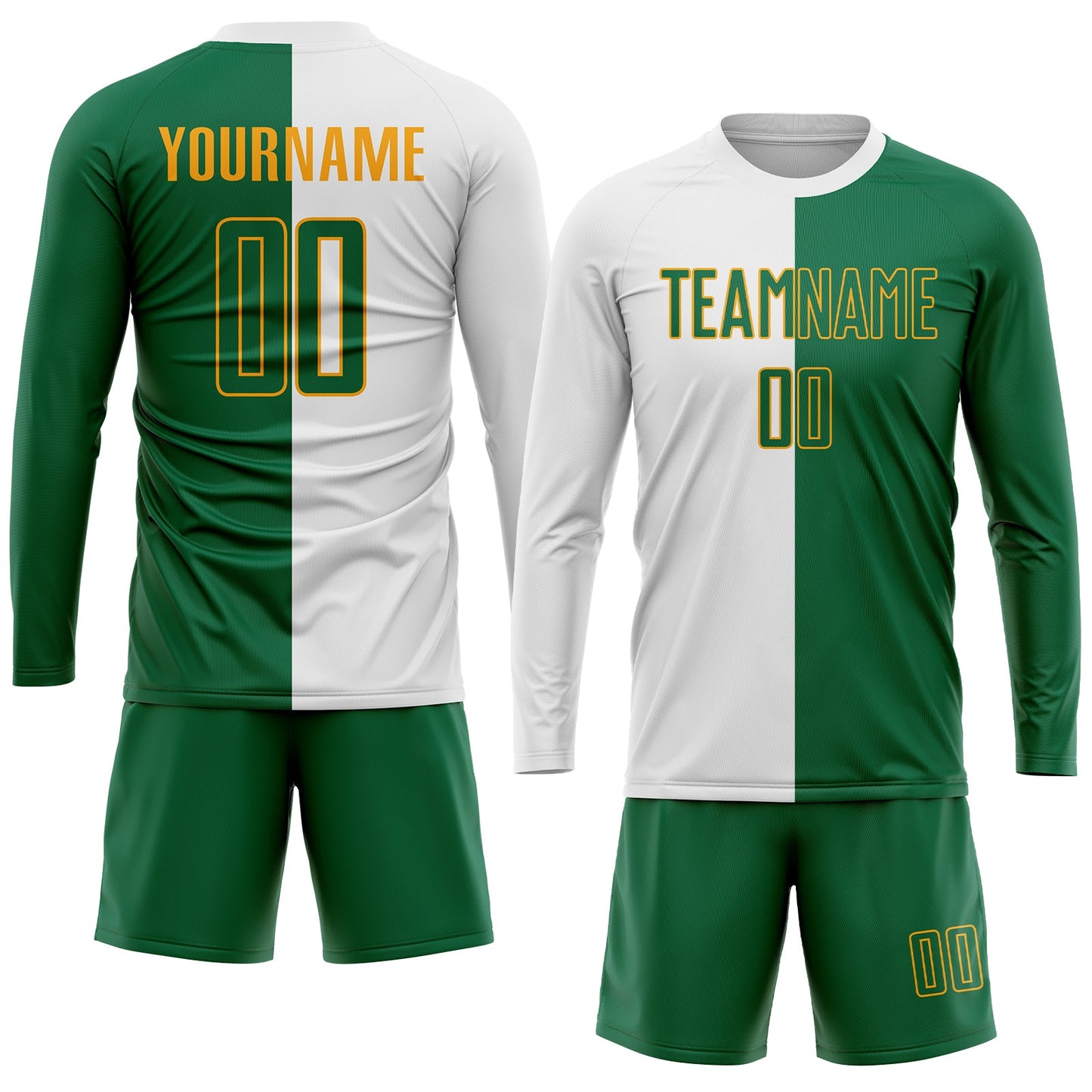 Custom White Kelly Green-Gold Sublimation Split Fashion Soccer Uniform Jersey view 4