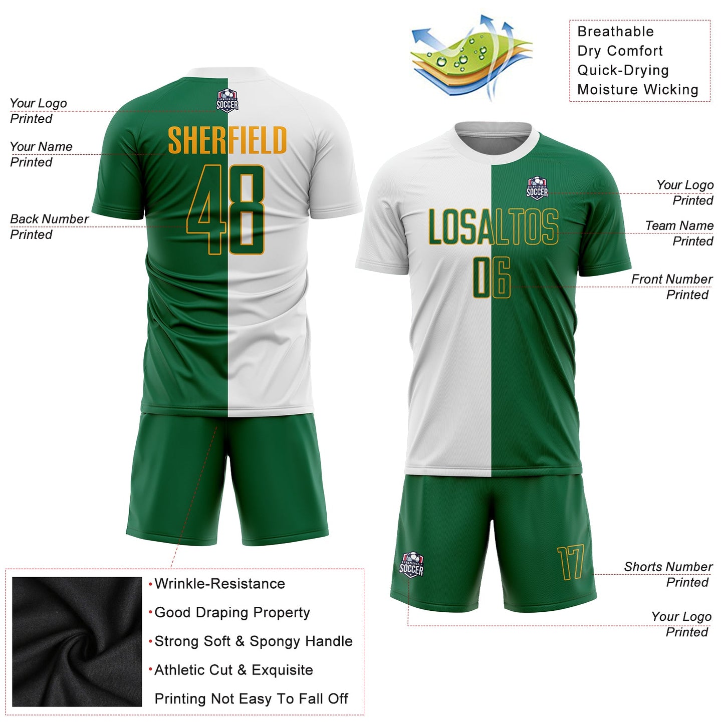 Custom White Kelly Green-Gold Sublimation Split Fashion Soccer Uniform Jersey view 5