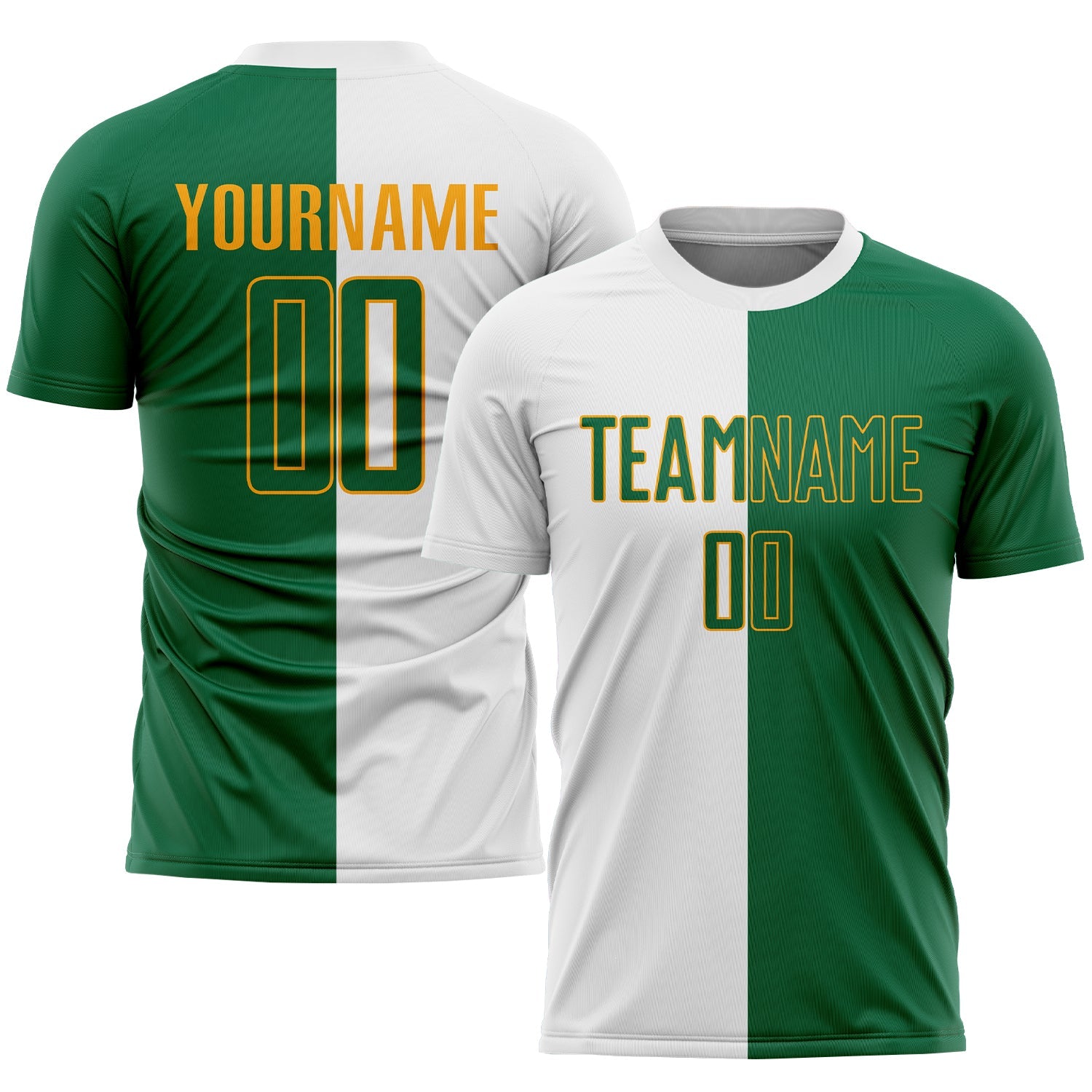 Custom White Kelly Green-Gold Sublimation Split Fashion Soccer Uniform Jersey - Main View