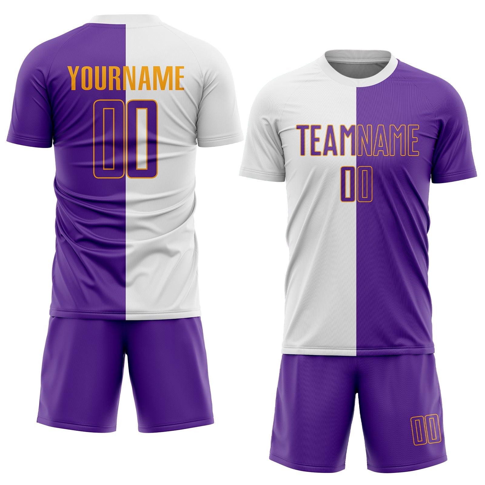 Custom White Purple-Gold Sublimation Split Fashion Soccer Uniform Jersey view 2