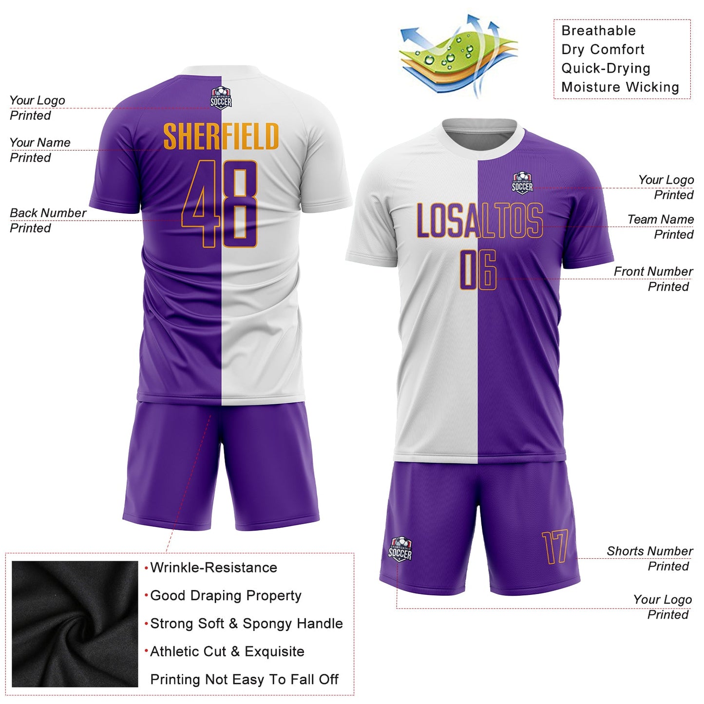 Custom White Purple-Gold Sublimation Split Fashion Soccer Uniform Jersey view 3