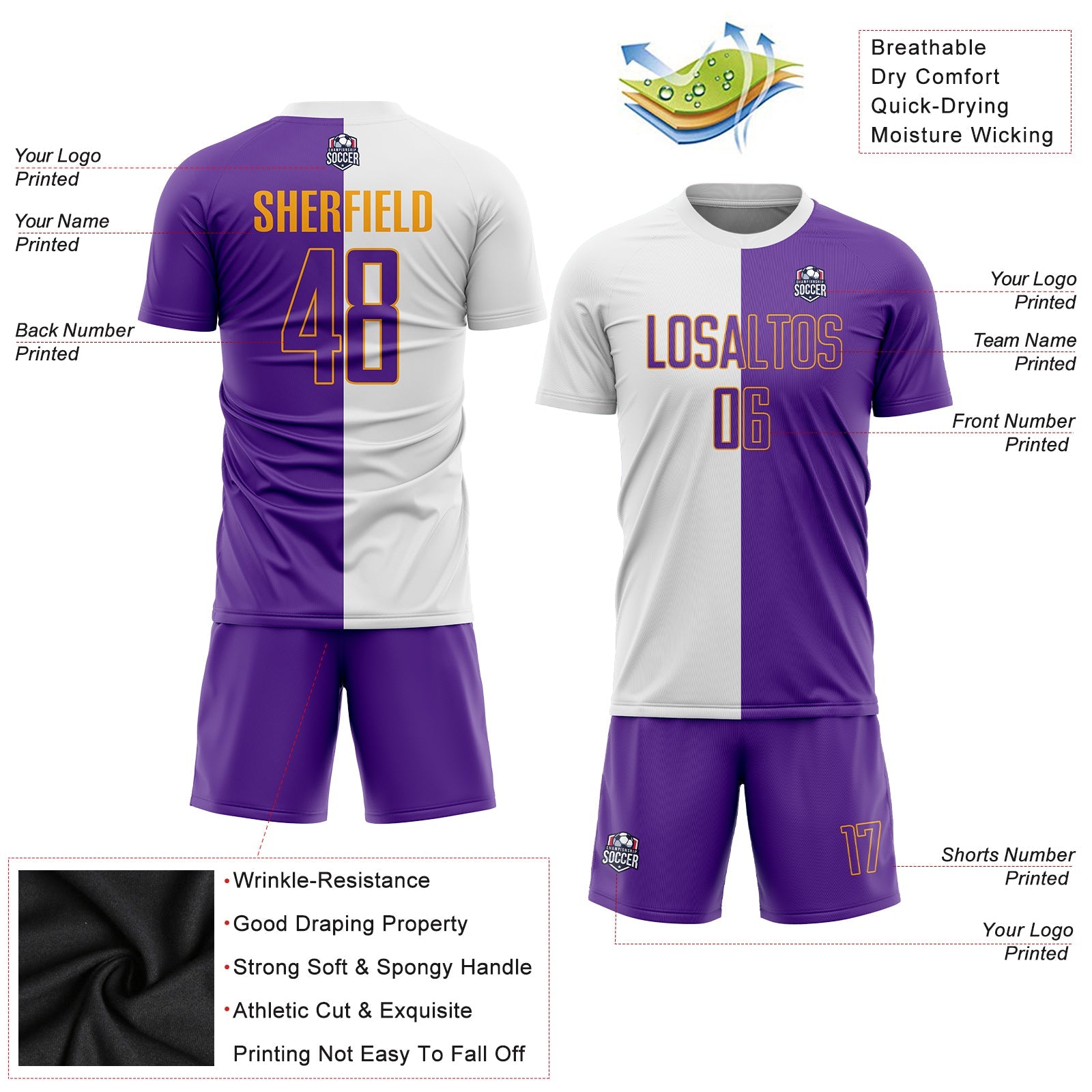 Custom White Purple-Gold Sublimation Split Fashion Soccer Uniform Jersey view 3