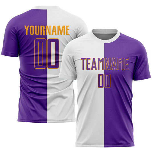 Custom White Purple-Gold Sublimation Split Fashion Soccer Uniform Jersey - Main View
