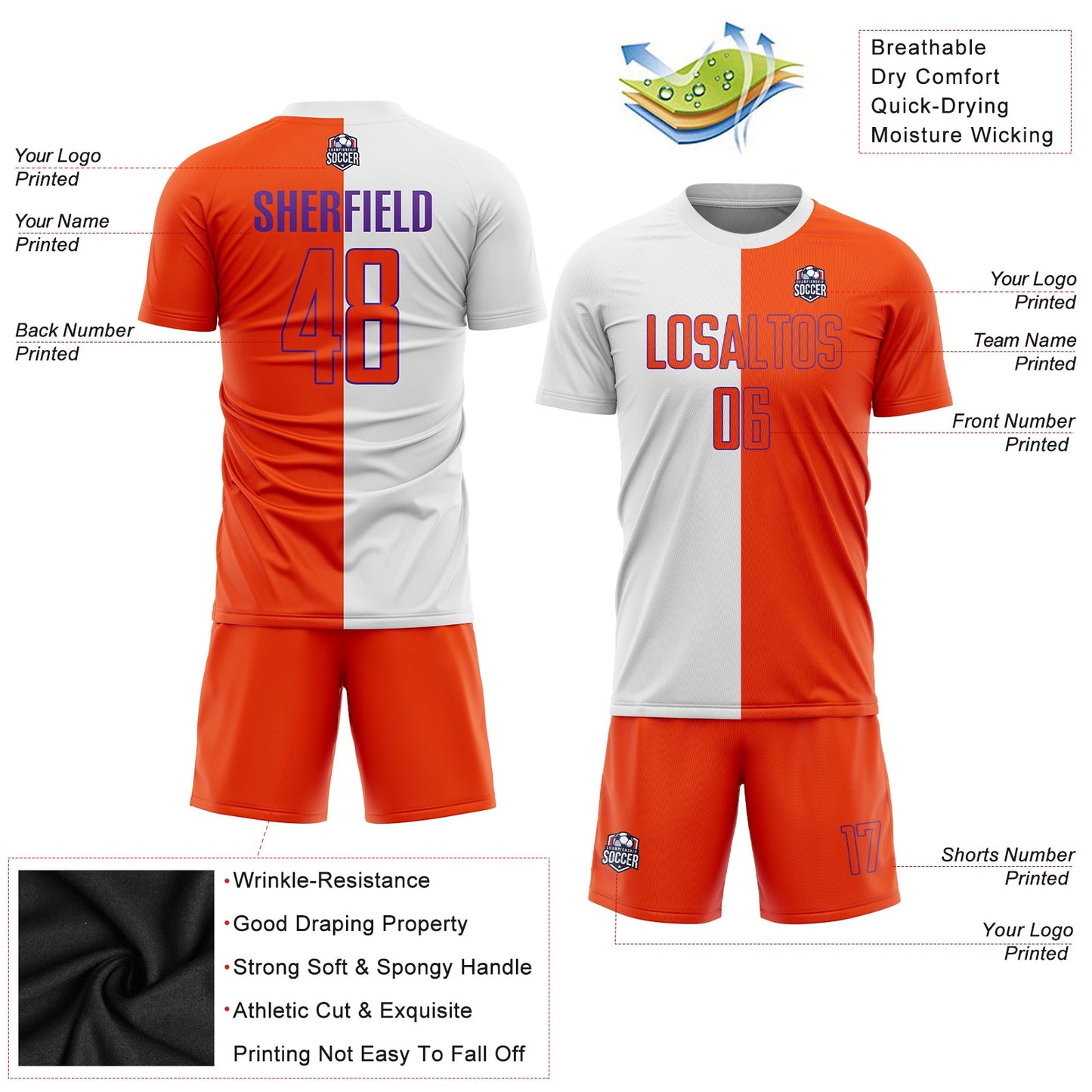 Custom White Orange-Purple Sublimation Split Fashion Soccer Uniform Jersey view 3