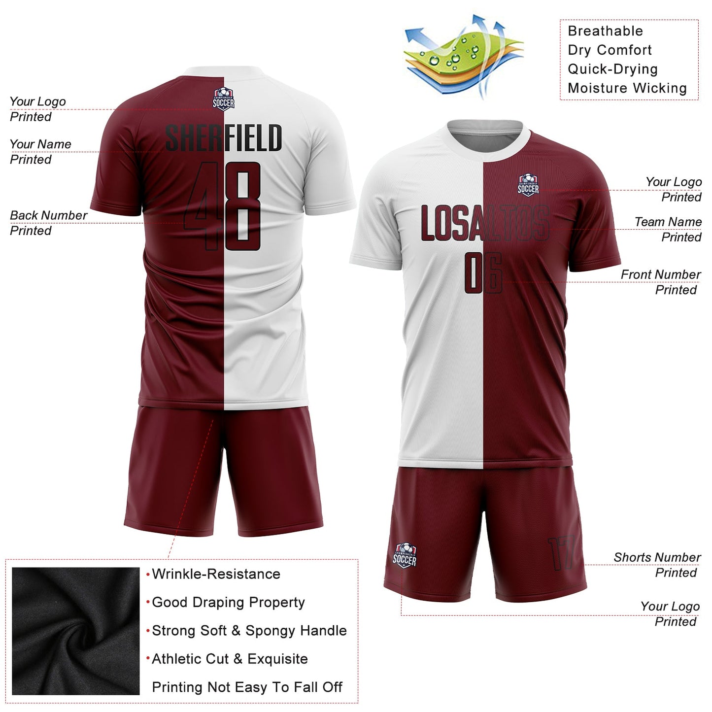 Custom White Crimson-Black Sublimation Split Fashion Soccer Uniform Jersey view 3