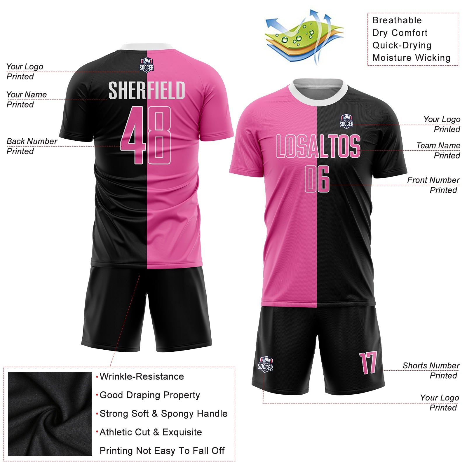 Custom Black Pink-White Sublimation Split Fashion Soccer Uniform Jersey view 3