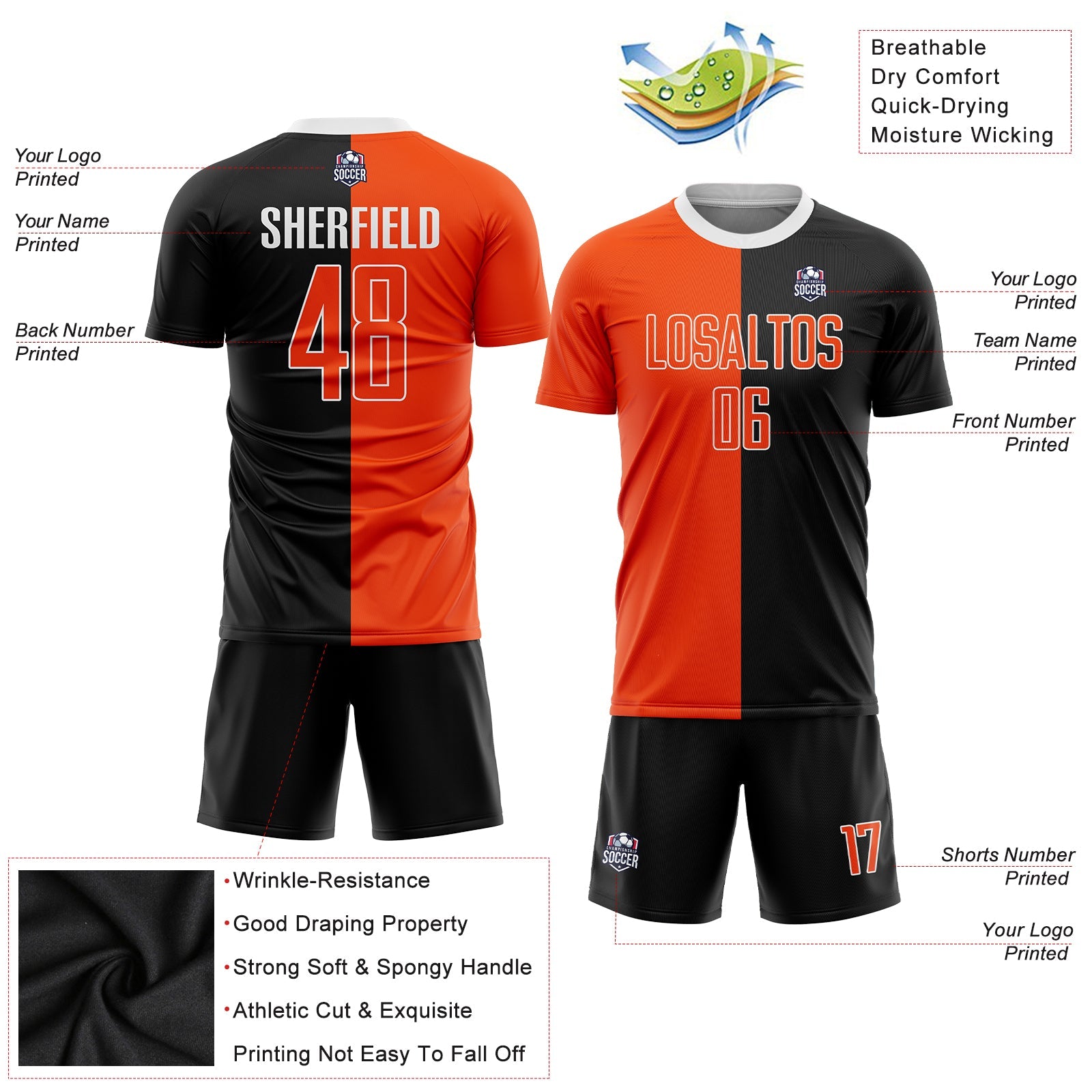 Custom Black Orange-White Sublimation Split Fashion Soccer Uniform Jersey view 3
