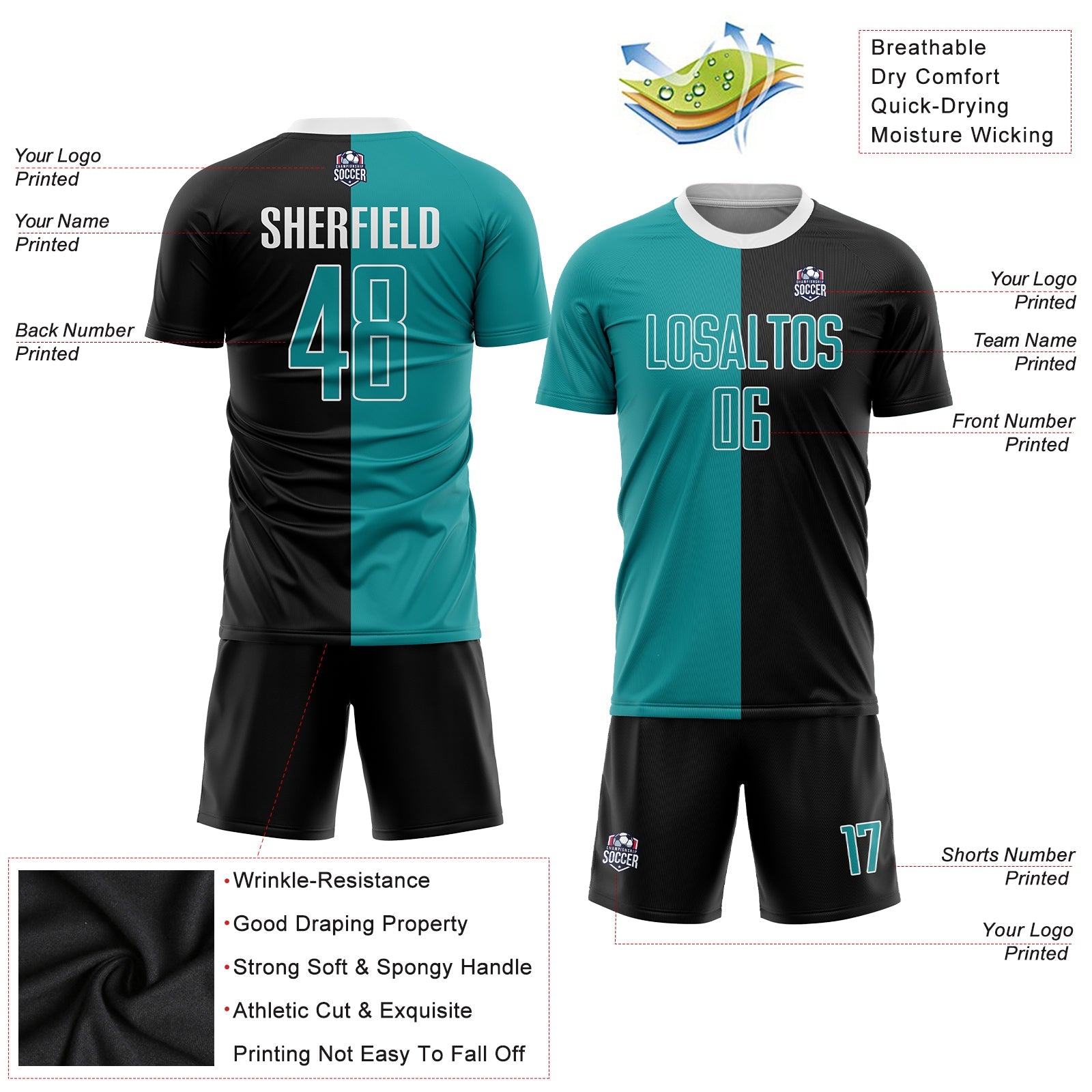 Custom Black Teal-White Sublimation Split Fashion Soccer Uniform Jersey view 3