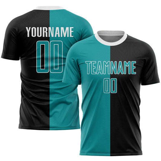 Custom Black Teal-White Sublimation Split Fashion Soccer Uniform Jersey - Main View