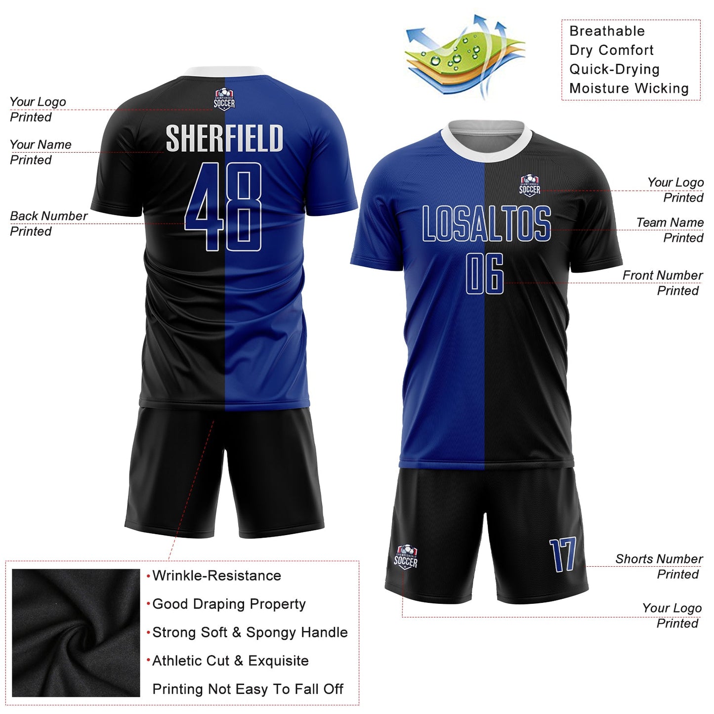 Custom Black Royal-White Sublimation Split Fashion Soccer Uniform Jersey view 3