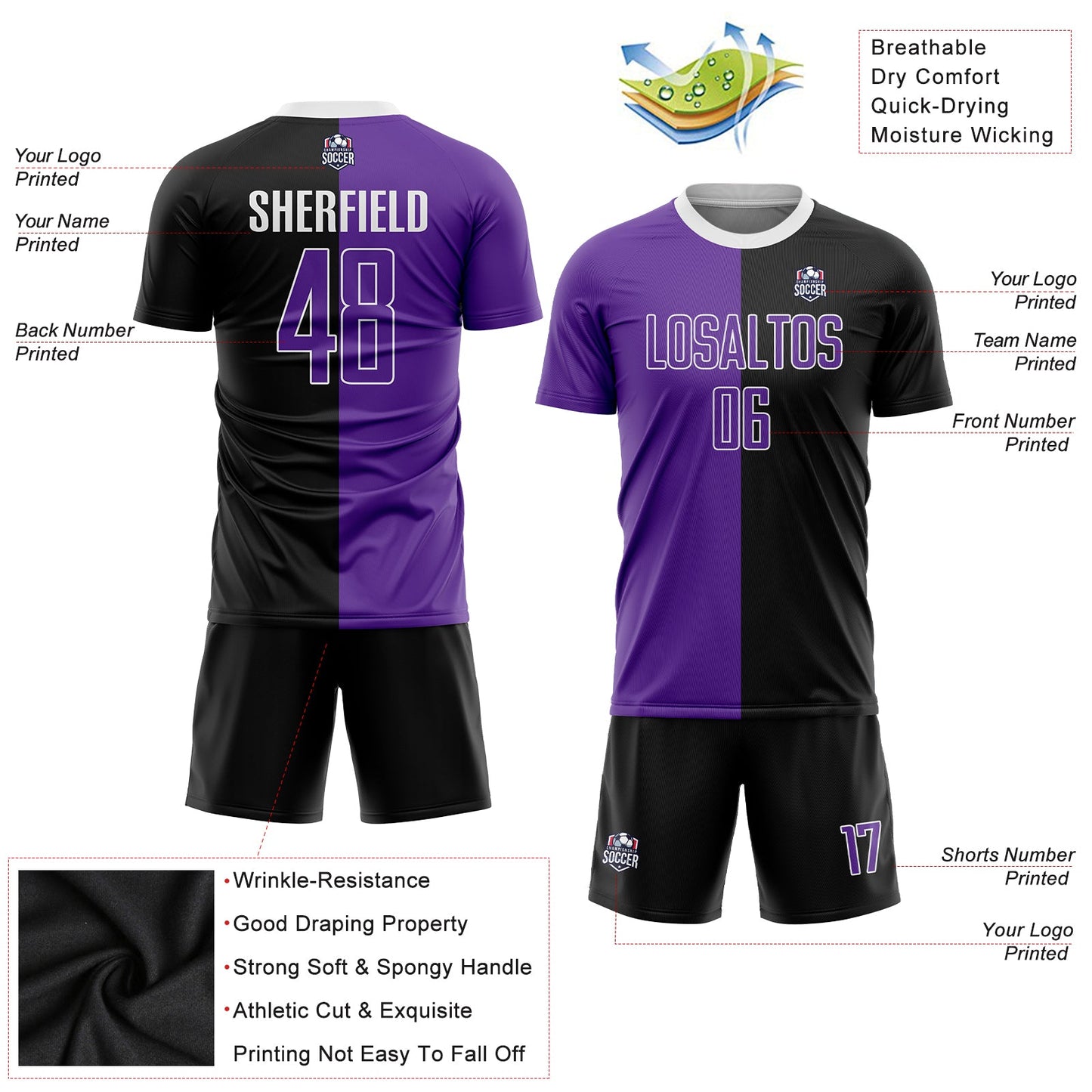 Custom Black Purple-White Sublimation Split Fashion Soccer Uniform Jersey view 3