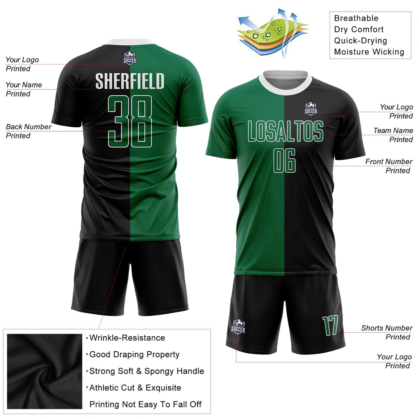 Custom Black Kelly Green-White Sublimation Split Fashion Soccer Uniform Jersey view 3