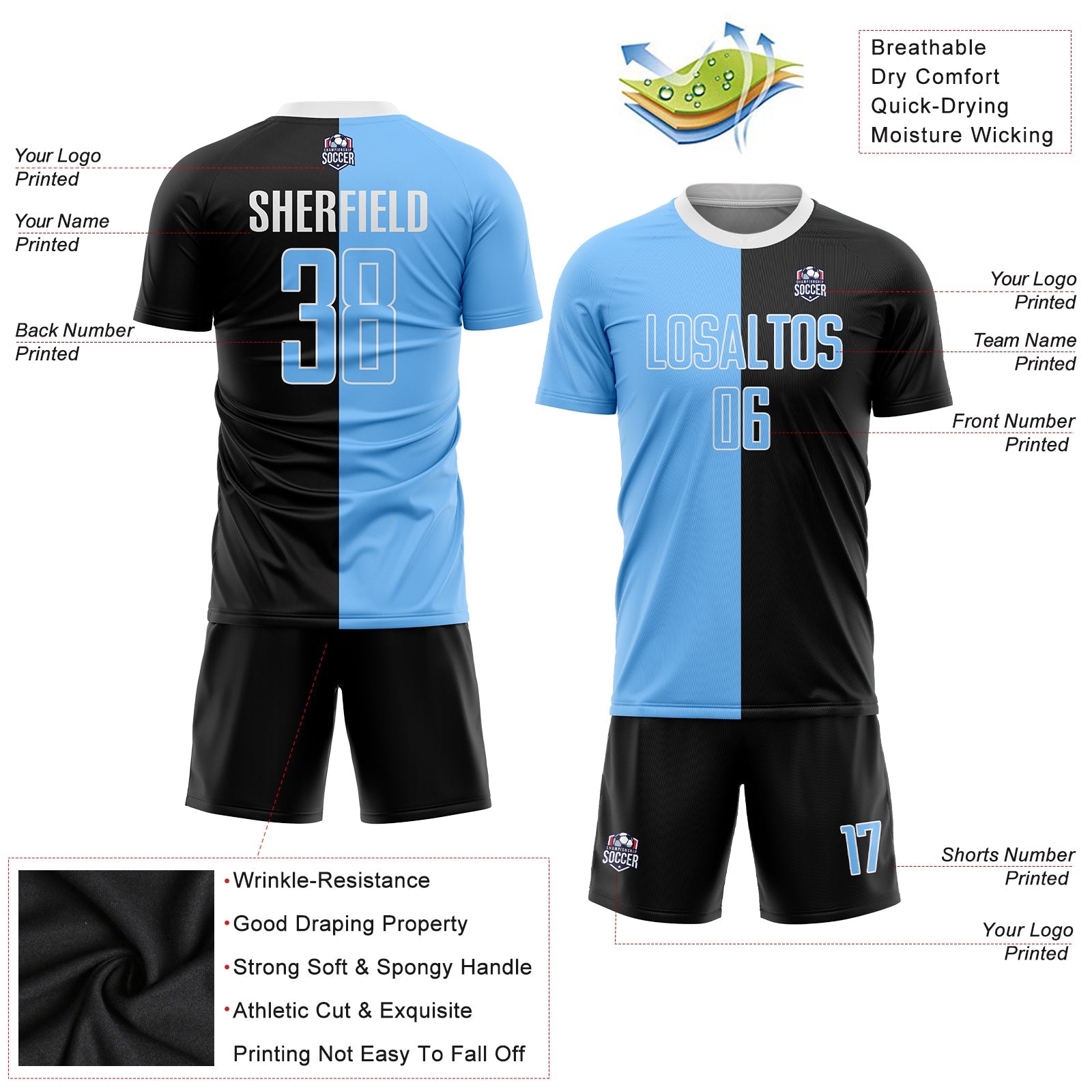 Custom Black Light Blue-White Sublimation Split Fashion Soccer Uniform Jersey view 3