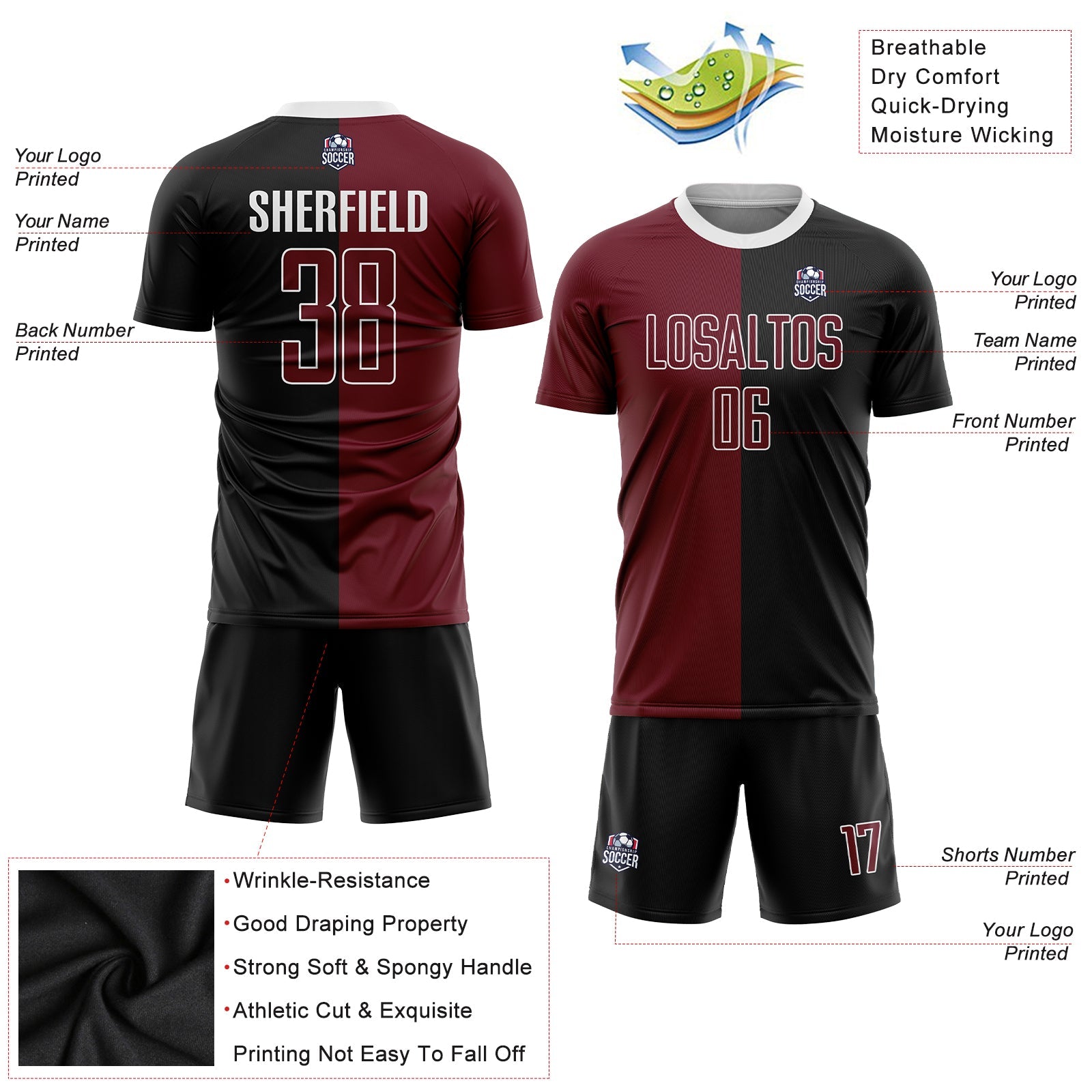 Custom Black Crimson-White Sublimation Split Fashion Soccer Uniform Jersey view 3