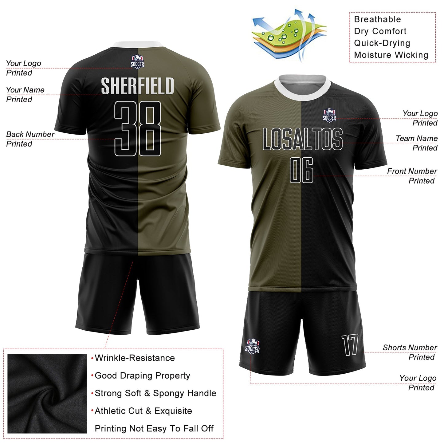 Custom Olive Black-White Sublimation Split Fashion Salute To Service Soccer Uniform Jersey view 3