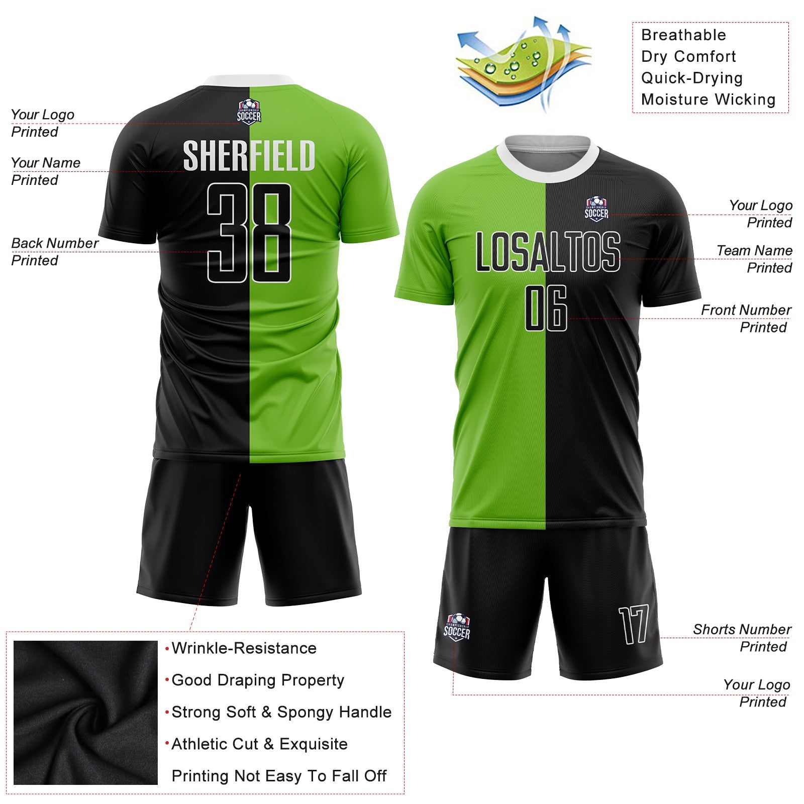 Custom Neon Green Black-White Sublimation Split Fashion Soccer Uniform Jersey view 3