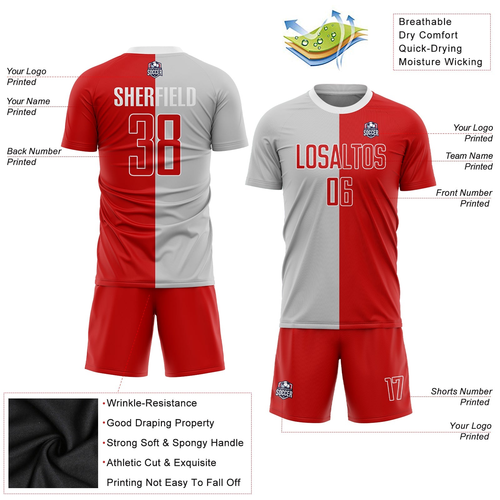 Custom Gray Red-White Sublimation Split Fashion Soccer Uniform Jersey view 3