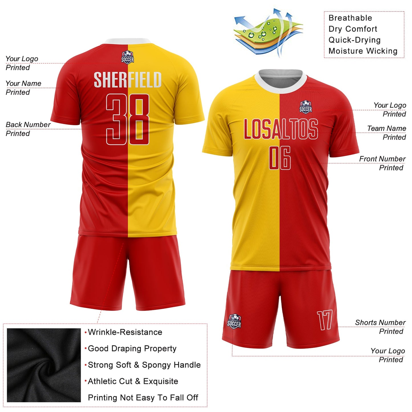 Custom Gold Red-White Sublimation Split Fashion Soccer Uniform Jersey view 3