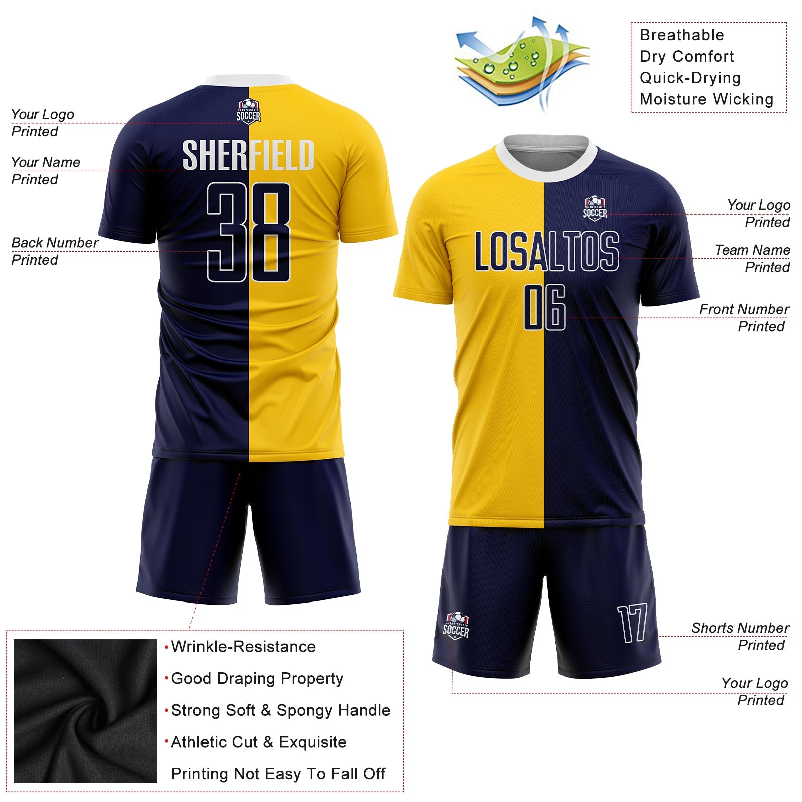 Custom Gold Navy-White Sublimation Split Fashion Soccer Uniform Jersey view 3