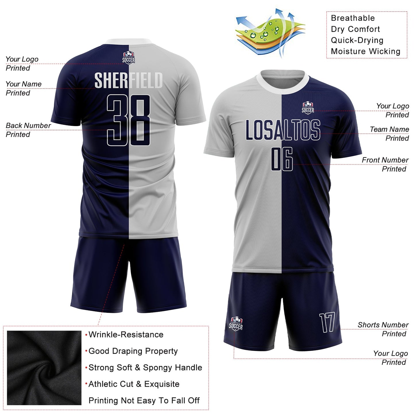 Custom Gray Navy-White Sublimation Split Fashion Soccer Uniform Jersey view 3
