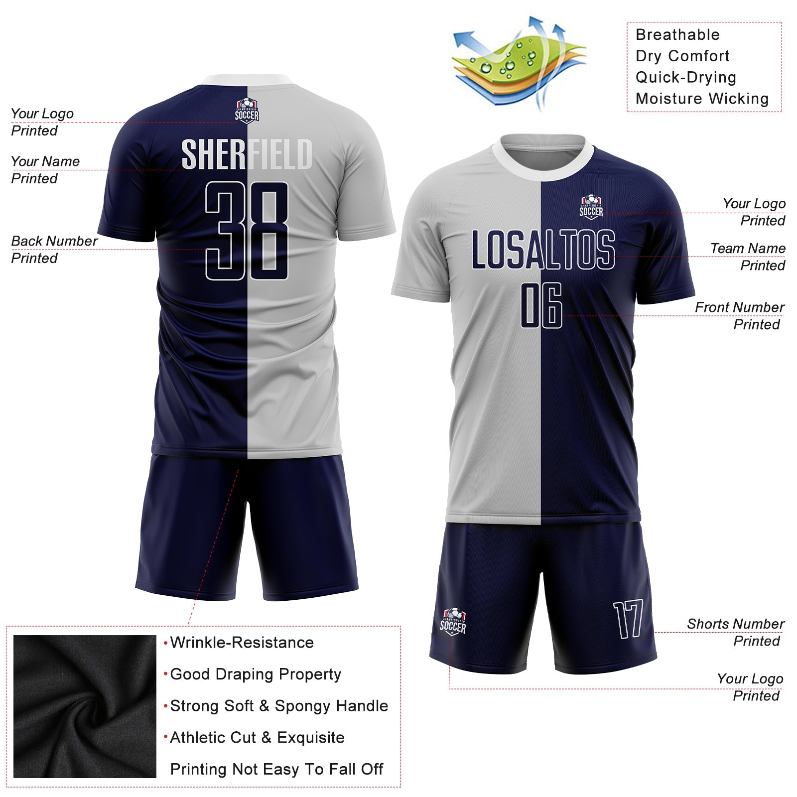 Custom Gray Navy-White Sublimation Split Fashion Soccer Uniform Jersey view 3