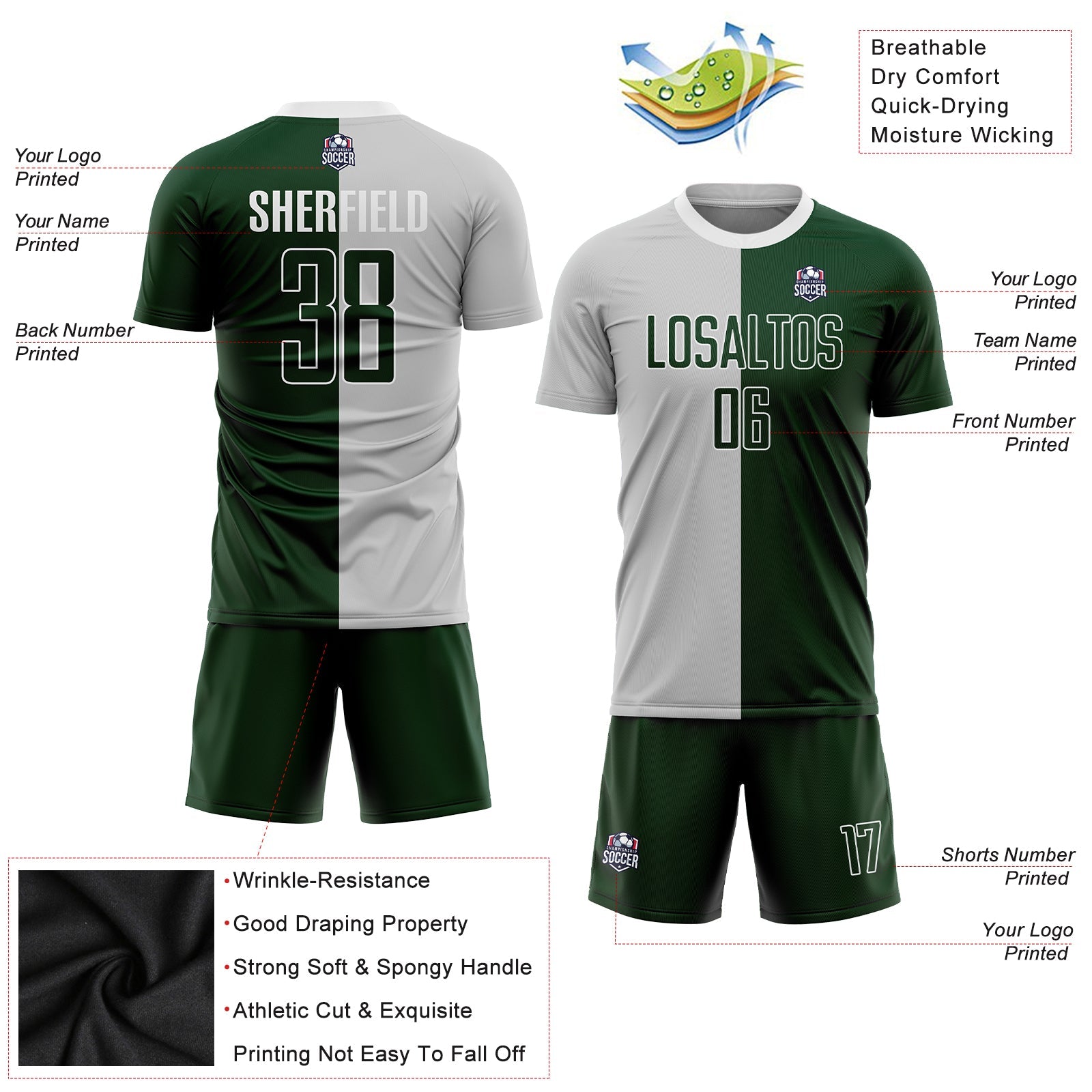 Custom Gray Green-White Sublimation Split Fashion Soccer Uniform Jersey view 3