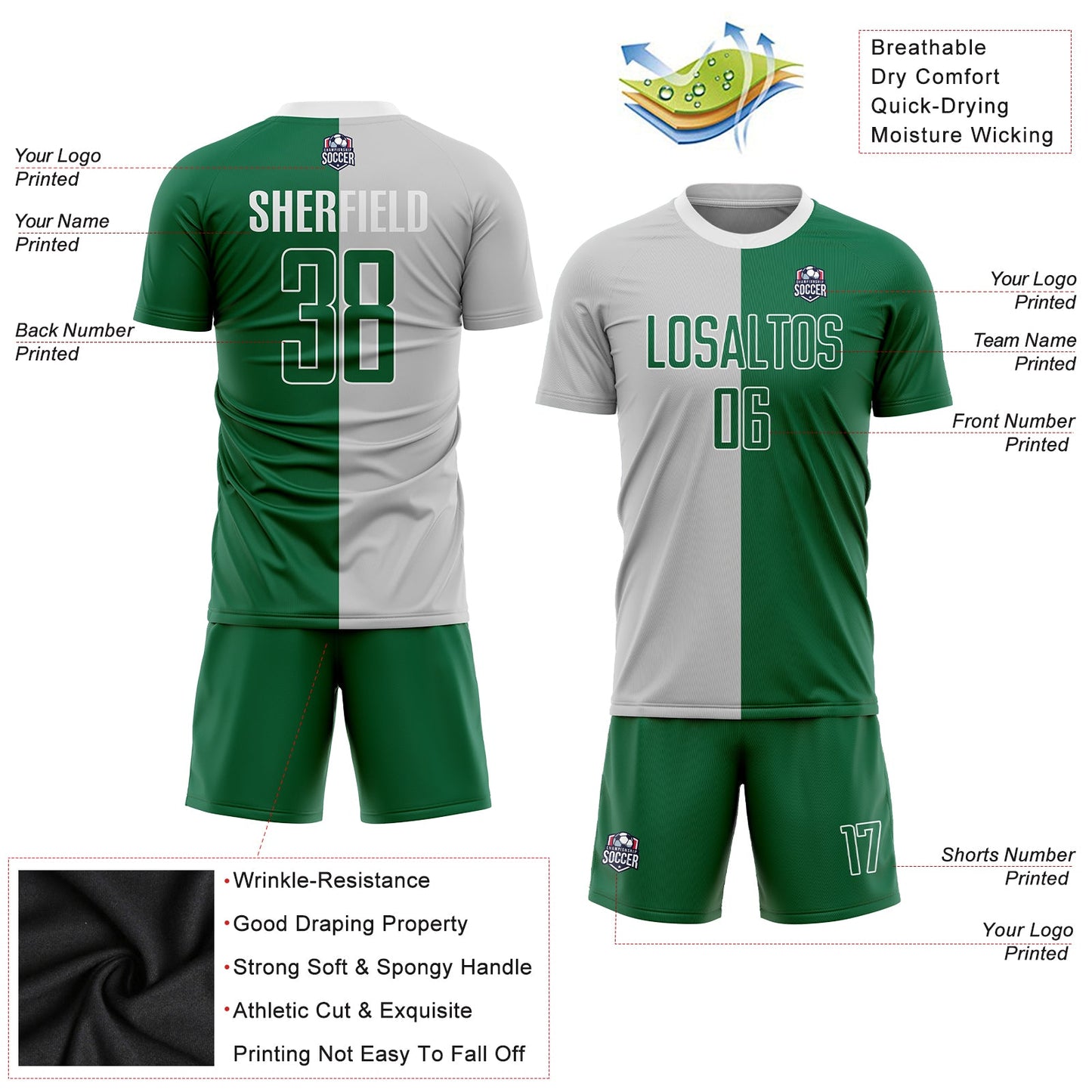Custom Gray Kelly Green-White Sublimation Split Fashion Soccer Uniform Jersey view 3