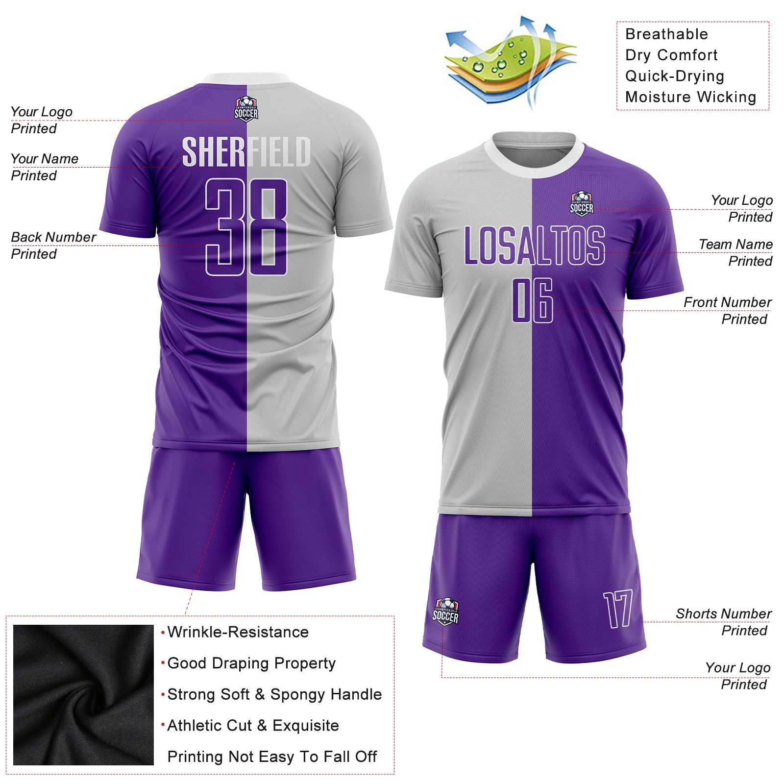 Custom Gray Purple-White Sublimation Split Fashion Soccer Uniform Jersey view 3
