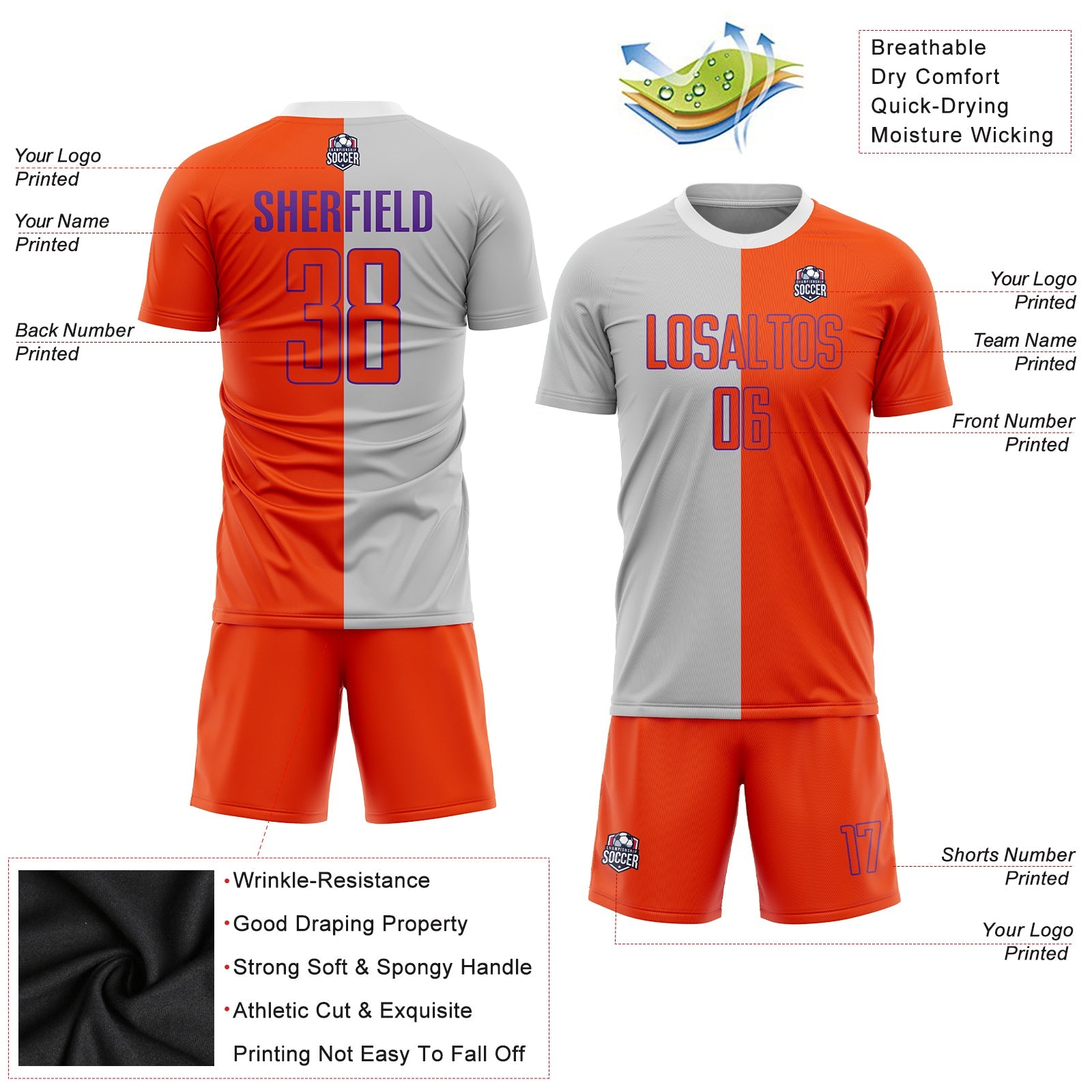 Custom Gray Orange-Purple Sublimation Split Fashion Soccer Uniform Jersey view 3
