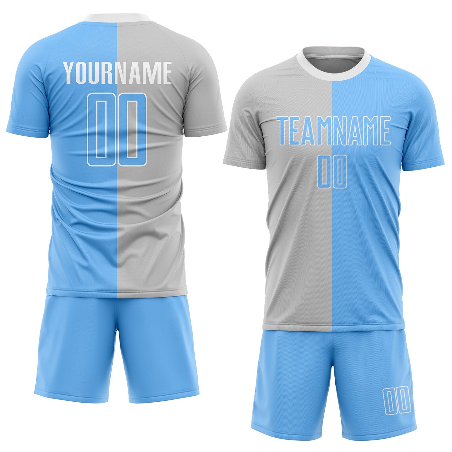 Custom Gray Light Blue-White Sublimation Split Fashion Soccer Uniform Jersey view 2