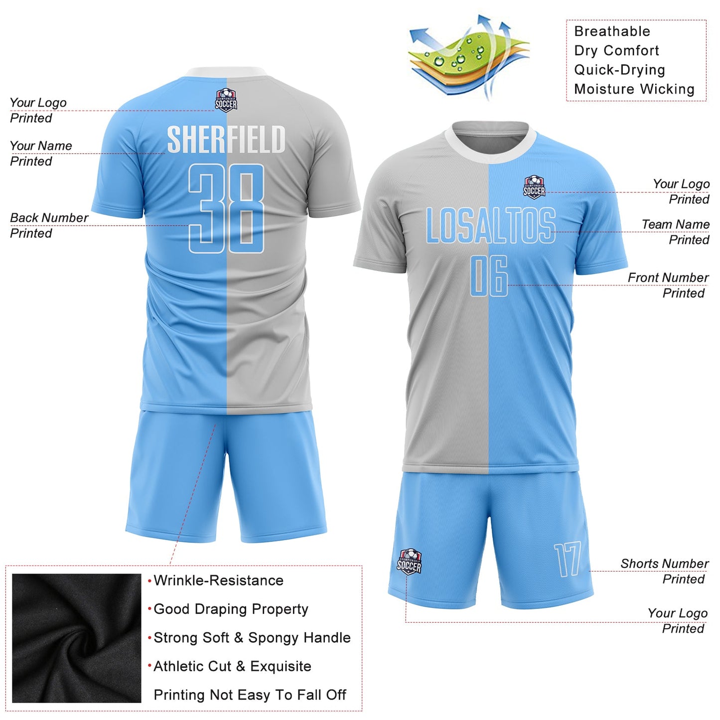 Custom Gray Light Blue-White Sublimation Split Fashion Soccer Uniform Jersey view 3