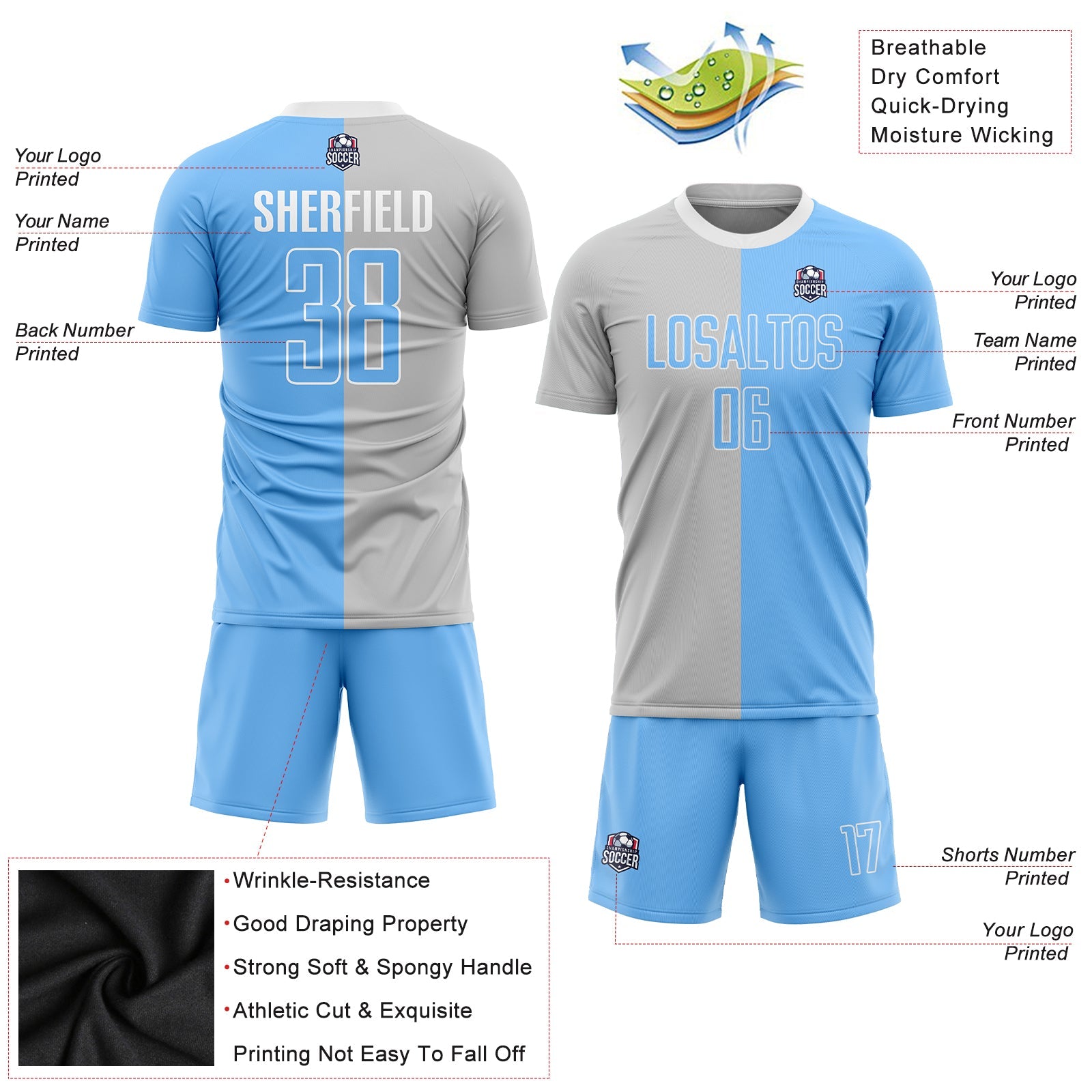 Custom Gray Light Blue-White Sublimation Split Fashion Soccer Uniform Jersey view 3