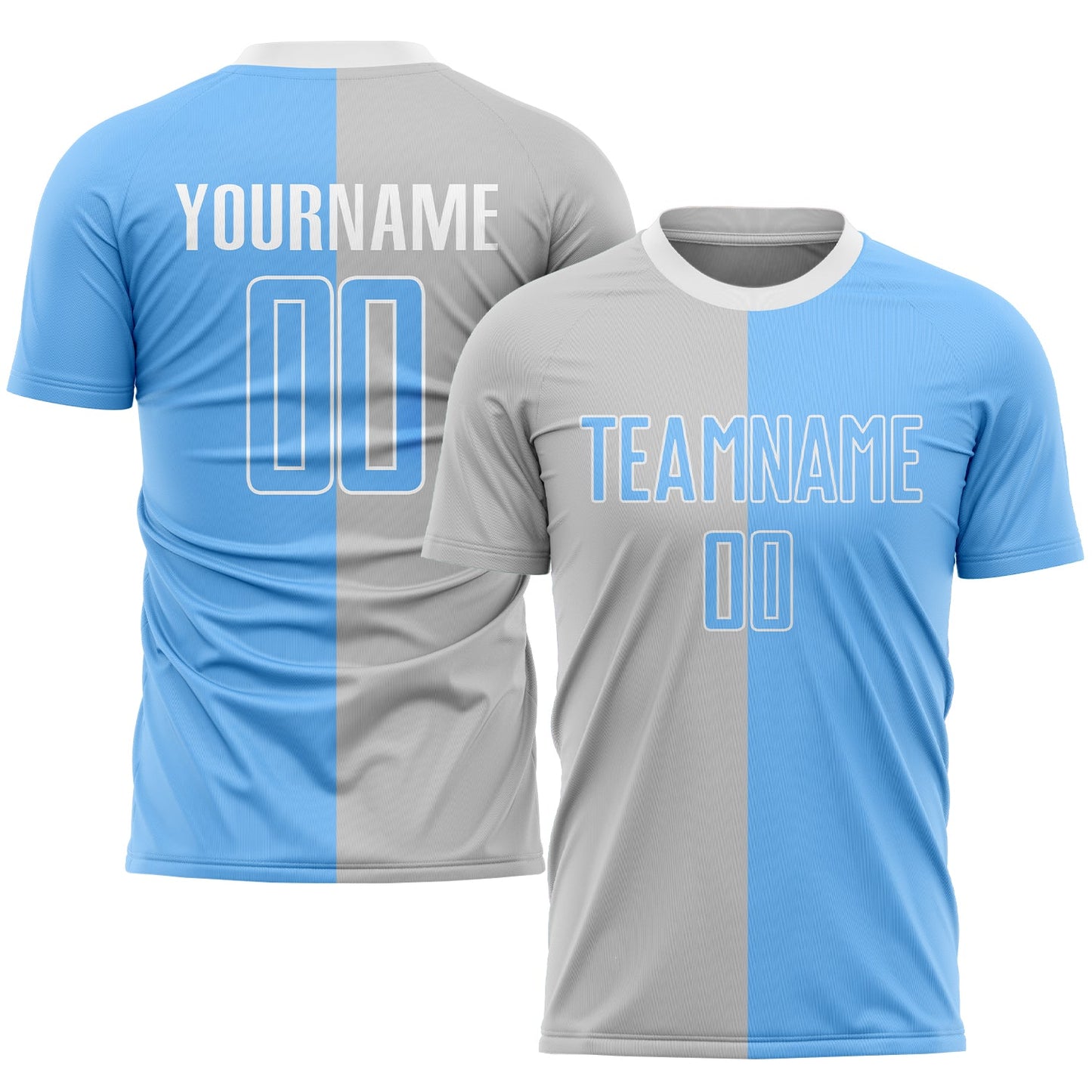 Custom Gray Light Blue-White Sublimation Split Fashion Soccer Uniform Jersey - Main View
