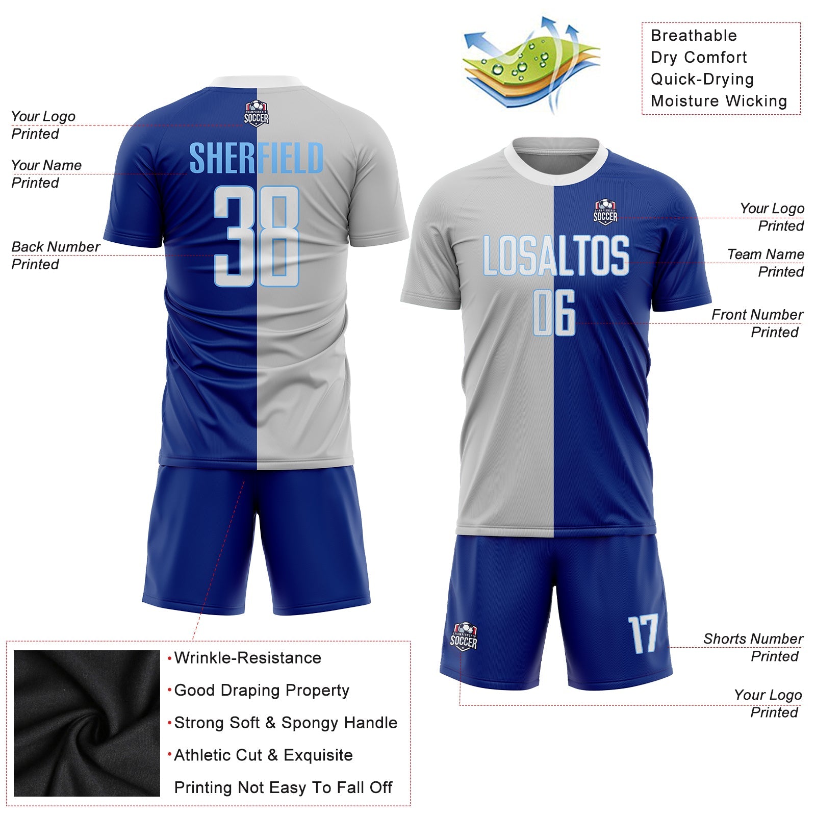 Custom Royal White-Gray Sublimation Split Fashion Soccer Uniform Jersey view 3