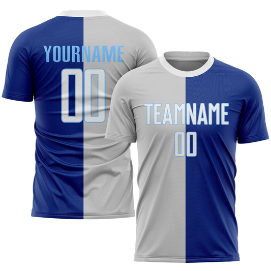 Custom Royal White-Gray Sublimation Split Fashion Soccer Uniform Jersey - Main View