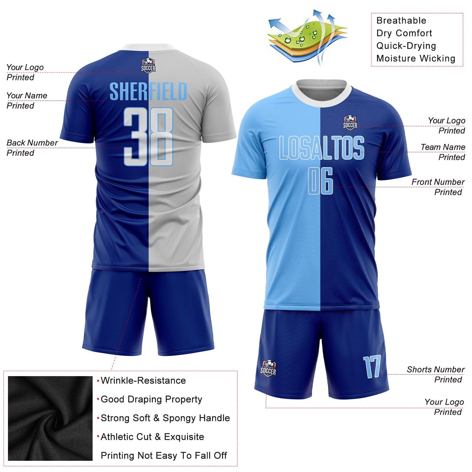 Custom Royal Light Blue-White Sublimation Split Fashion Soccer Uniform Jersey view 3