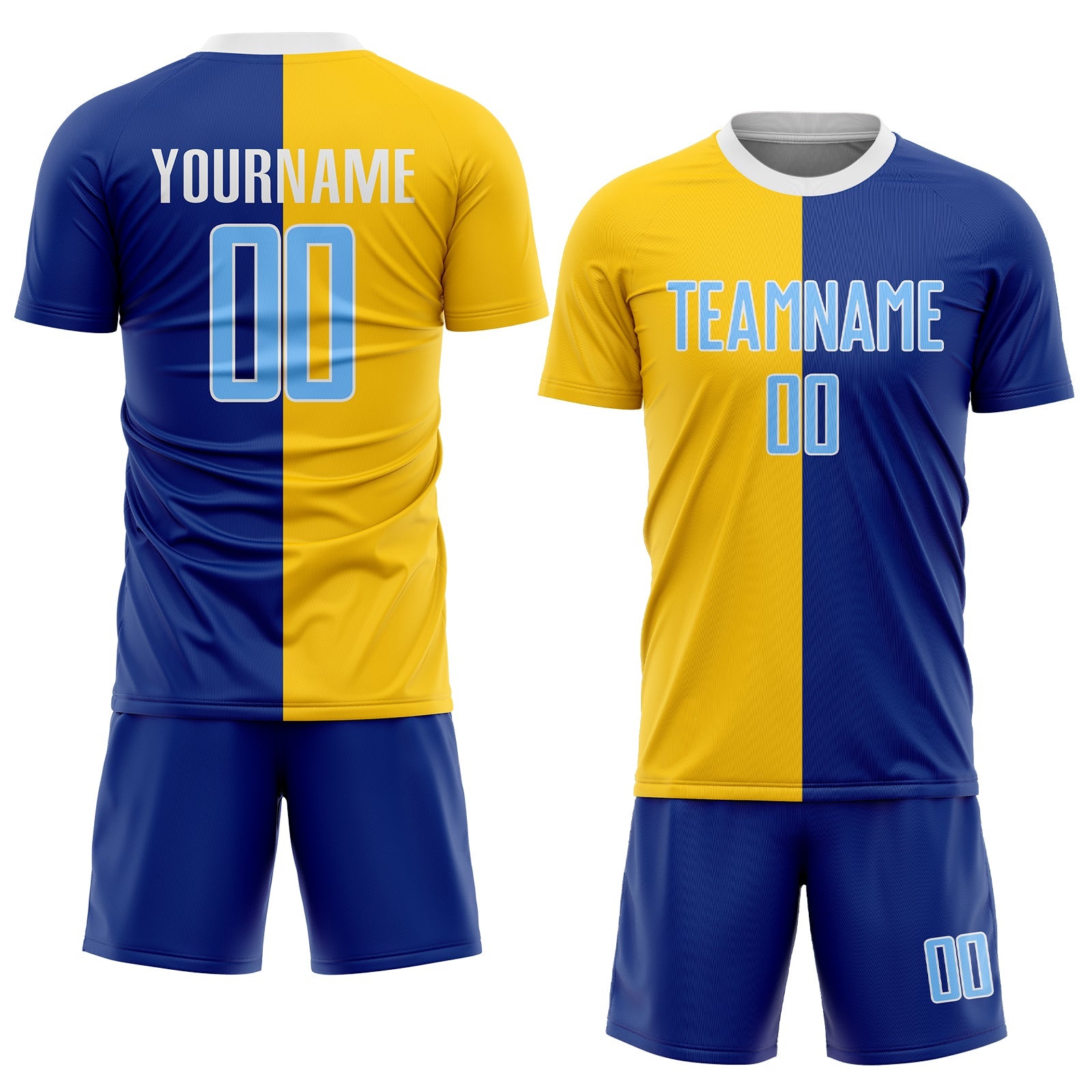 Custom Royal Light Blue-Gold Sublimation Split Fashion Soccer Uniform Jersey view 2